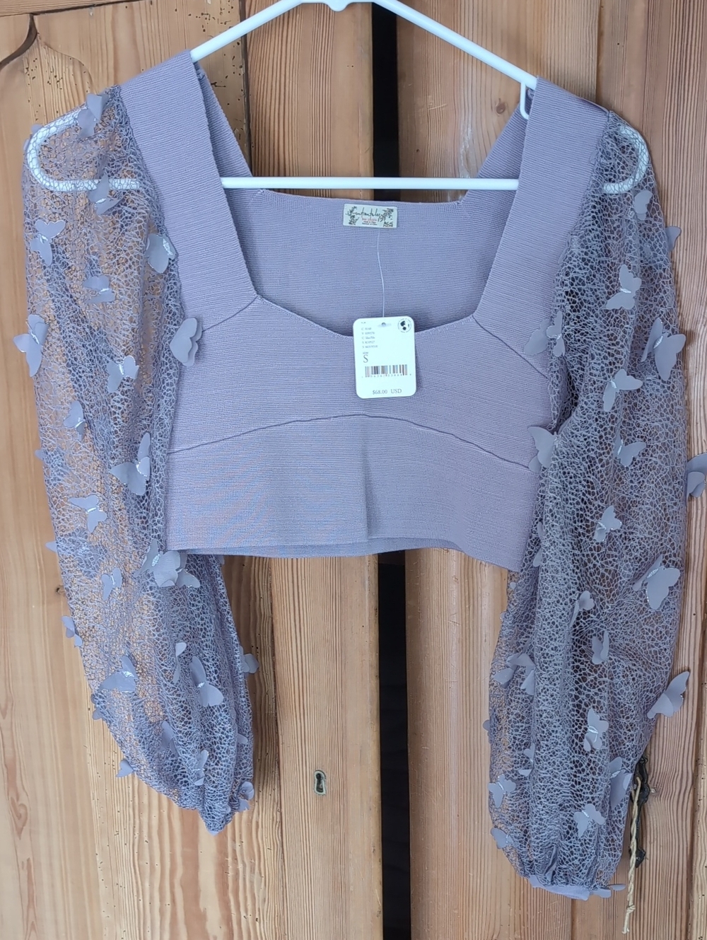 Free People Lavender Butterfly Mesh Sleeve Crop Top